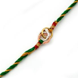 Three Linked Gold, Silver, Copper Textured Circle Rakhi